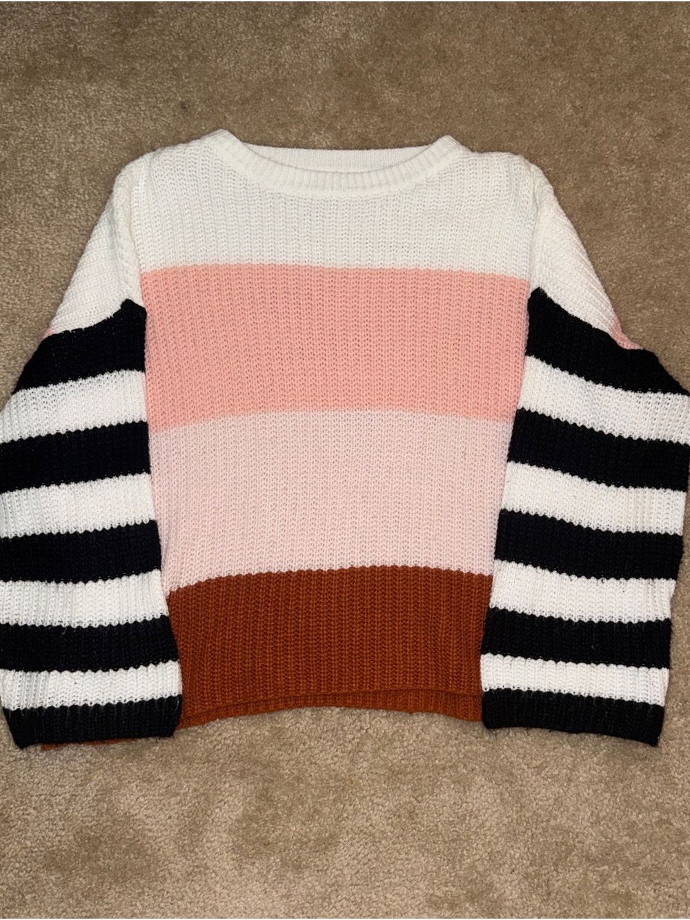 Pink Rust Black Striped Colorblock Knit Crewneck Sweater Size L